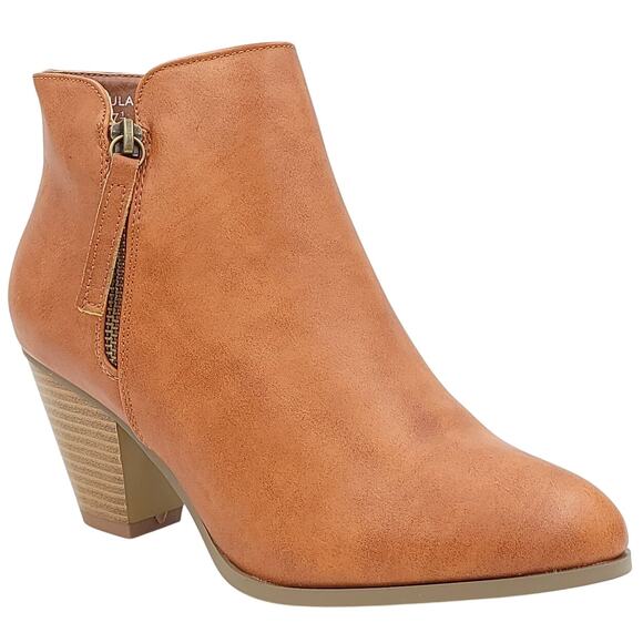 River Berry Women Paula-01 Cuban Heel Ankle Booties Size US 7.5 Saddle Brown - Picture 1 of 5